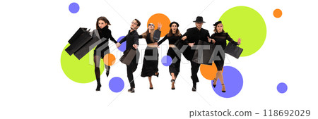 Banner. Contemporary art collage. Dressed in chic black outfits, group sprints toward biggest Black Friday deals with determination and sleek style. 118692029