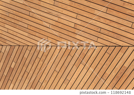 Wooden plank ceiling in a building Wooden plank ceiling in a building 118692148