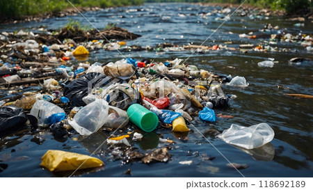 Pollution on the river. Garbage and trash around and in the water. Pullated enviroment 118692189