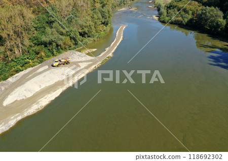 Sand and gravel exploitation in the river aerial view Sand and gravel exploitation in the river aerial view 118692302