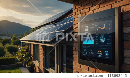 Solar panels producing clean energy on a roof of a residential house 118692443