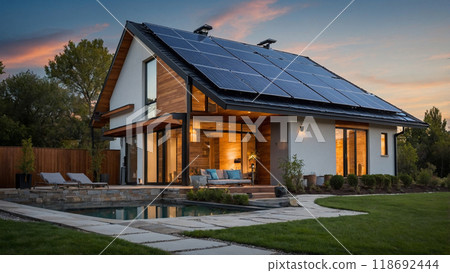 Solar panels producing clean energy on a roof of a residential house 118692444