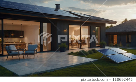 Solar panels producing clean energy on a roof of a residential house 118692445