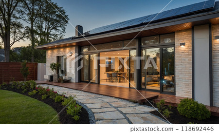 Solar panels producing clean energy on a roof of a residential house 118692446