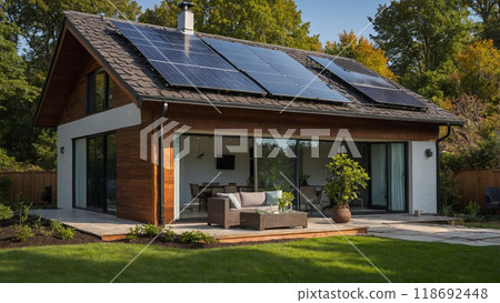 Solar panels producing clean energy on a roof of a residential house 118692448
