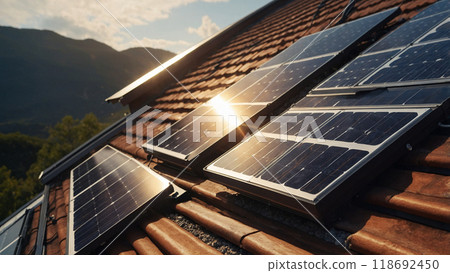Solar panels producing clean energy on a roof of a residential house 118692450