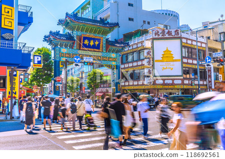 Yokohama cityscape in Japan. View of Yokohama Chinatown and Chaoyangmon Gate. The city is just as lively as it was before the COVID-19 pandemic. September 7, 2024 118692561