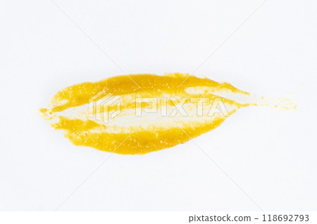 Smear of mustard sauce on white background isolate, creativity in cooking, macro texture 118692793