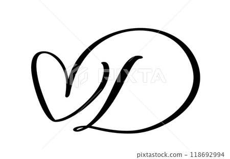 Calligraphy hand drawn vector love letter D. Vintage heart monogram. Script capital font logo. Handwritten brush style. element Valentine flourish. sign for page decoration design illustration 118692994