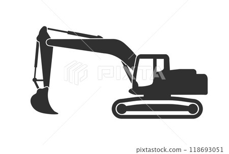 Silhouette of excavator icon symbol. Simple excavator machine sign. Land construction company logo. Vector illustration image. 118693051