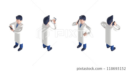 Isometric 3D illustration of a smart doctor or doctor male character wearing a white coat and tie 118693152