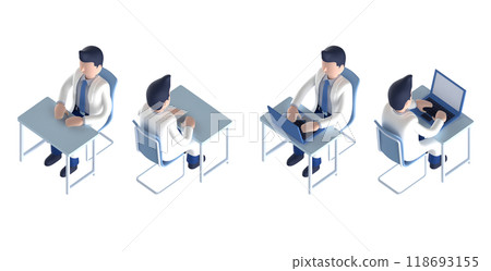 Isometric 3D illustration of a smart doctor or doctor male character wearing a white coat and tie 118693155