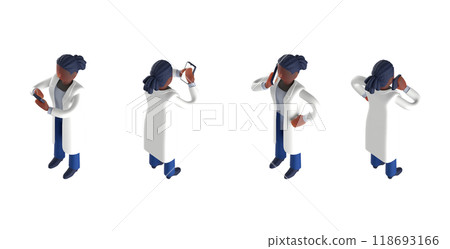 3DCG rendering of a smart doctor or doctor female character in a white coat arranged in an isometric style 3DCG rendering of a smart doctor or doctor female character in a white coat arranged in an isometric style 118693166