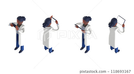 聰明醫生或身穿白大褂的醫生的等距排列女性角色的 3DCG 渲染 聰明醫生或身穿白大褂的醫生的等距排列女性角色的 3DCG 渲染 118693167