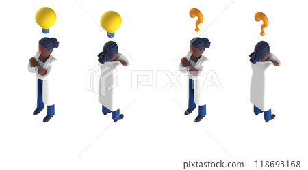 3DCG rendering of a smart doctor or doctor female character in a white coat arranged in an isometric style 3DCG rendering of a smart doctor or doctor female character in a white coat arranged in an isometric style 118693168