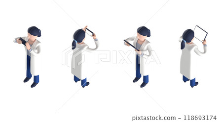 3DCG rendering of a smart doctor or doctor female character in a white coat arranged in an isometric style 118693174