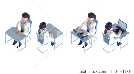聰明醫生或身穿白大褂的醫生的等距排列女性角色的 3DCG 渲染 聰明醫生或身穿白大褂的醫生的等距排列女性角色的 3DCG 渲染 118693176