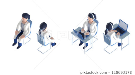 3DCG rendering of a smart doctor or doctor female character in a white coat arranged in an isometric style 118693178