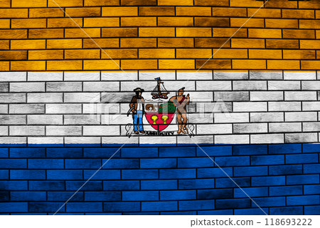 Flag of the city of Albany, New York, USA, on a background of a brick wall. Conceptual collage 118693222