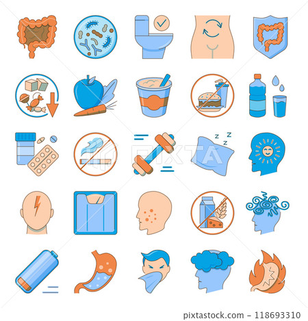 Healthy and unhealthy gut icon set Healthy and unhealthy gut icon set 118693310