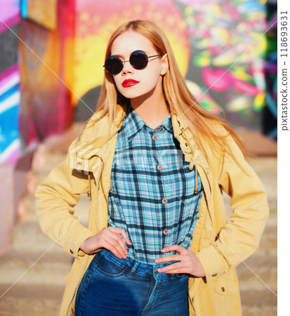 Fashion portrait beautiful blonde young woman in sun closeup 118693631