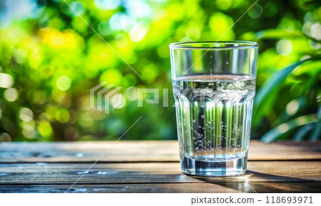 Mineral water in a clear glass on the background of a green forest 118693971