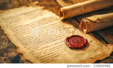 Old letter with a wax seal and scrolls on a wooden table 118693990