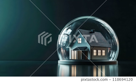 Miniature house resting under glass dome symbolizing home insurance 118694120