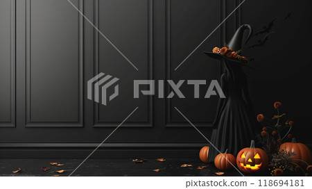 Stylish Halloween decor with pumpkins and witch silhouette. Stylish Halloween decor with pumpkins and witch silhouette. 118694181