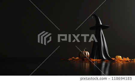 mysterious witch silhouette stands beside pumpkins and autumn leaves, creating spooky atmosphere. 118694183