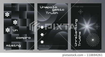 Abstract brutalism covers set with big geometric shapes on black background. Modern brutalist style minimal simple graphic prints. Brutal trendy y2k placard design template. Vector poster design. Abstract brutalism covers set with big geometric shapes on black background. Modern brutalist style minimal simple graphic prints. Brutal trendy y2k placard design template. Vector poster design. 118694261