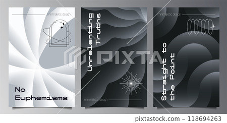 Rotating Circle abstract backgrounds set. Futuristic retro monochrome minimalistic Posters with gradient form graphic of round geometrical shapes modern design inspired by brutalism. Vector Rotating Circle abstract backgrounds set. Futuristic retro monochrome minimalistic Posters with gradient form graphic of round geometrical shapes modern design inspired by brutalism. Vector 118694263