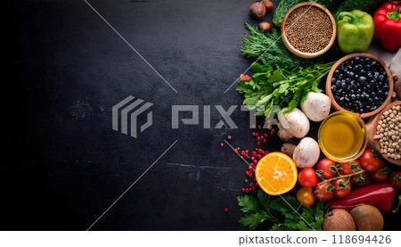 Vegetables, fruits, nuts, berries and mushrooms, parsley, spices. On a black background 118694426