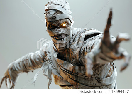 Eerie 3D character for Halloween with glowing eyes and tattered bandages. 118694427