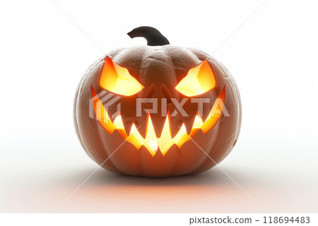 Eerie Halloween pumpkin with glowing eyes and sharp teeth. 118694483