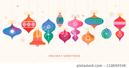 Collection of colorful Christmas decorations, balls, stars, ornaments. Symbols, elements isolated on 118694546
