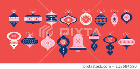 Collection of vintage Christmas decorations, balls, stars, ornaments. Symbols, elements isolated on Collection of vintage Christmas decorations, balls, stars, ornaments. Symbols, elements isolated on 118694550