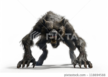 terrifying werewolf character with sharp claws and fierce expression. 118694588