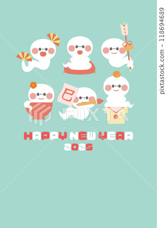 New Year's card material, cute snake character for the year of the snake, New Year's postcard template, white snake, green 118694689