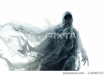 Ethereal ghost figure shrouded in flowing mist, evoking haunting presence. 118694723