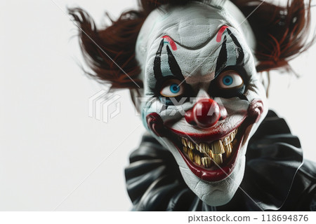 Creepy 3D character with exaggerated features and sharp teeth 118694876