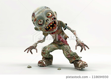 spooky 3D zombie character with creepy expression and tattered clothes 118694930
