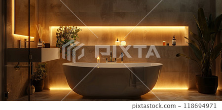 A modern bathroom interior featuring stylish bathtub and ambient lighting 118694971
