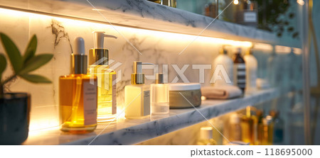 A modern bathroom shelf displays elegant skincare products, creating serene atmosphere 118695000
