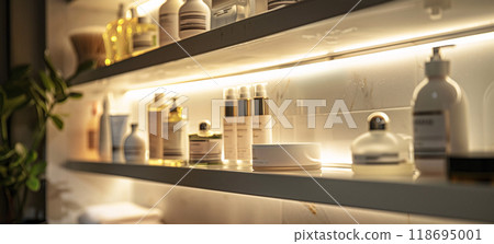 Modern bathroom shelf with elegant skincare products and soft lighting Modern bathroom shelf with elegant skincare products and soft lighting 118695001