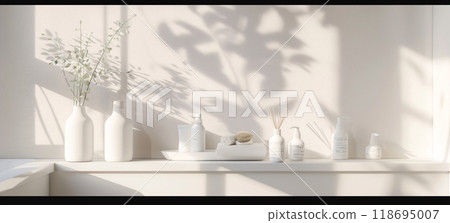 Minimalist white bathroom interior with elegant decor and soft shadows 118695007