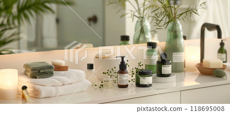 Luxurious body care products arranged on stylish bathroom counter 118695008