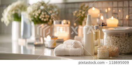 Luxurious body care products arranged with candles and flowers create serene atmosphere 118695009
