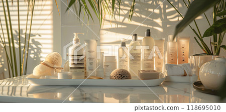 Luxurious body care products arranged elegantly on table 118695010