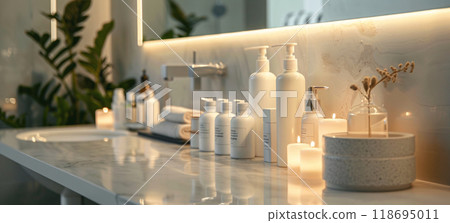 Luxurious body care products arranged on stylish bathroom counter, creating serene atmosphere 118695011